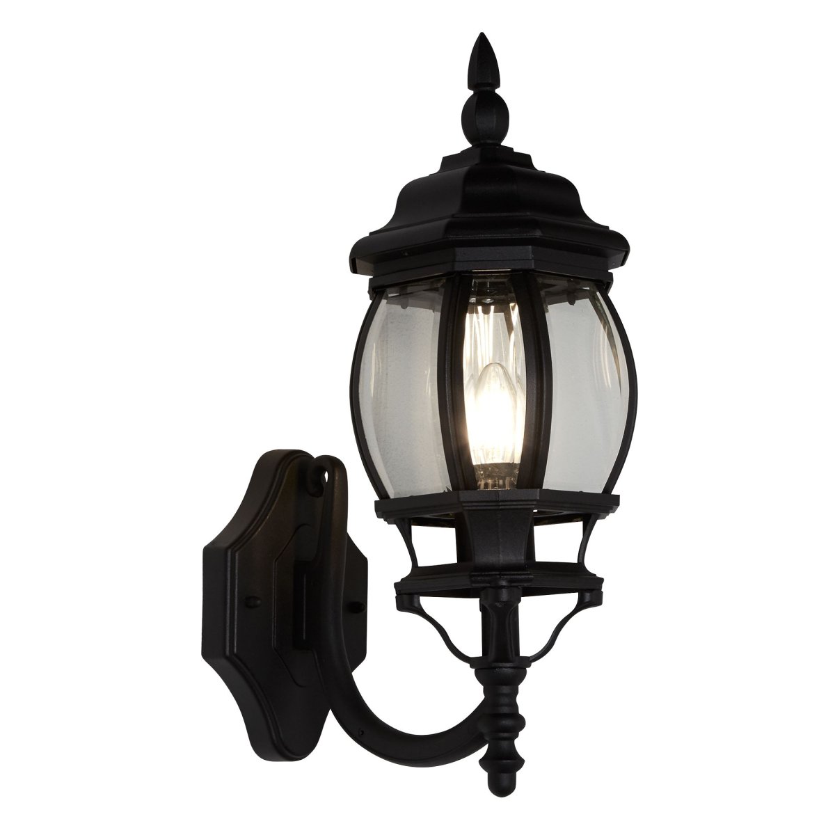 Bel Aire Svart utendørslampe Fra Searchlight - Med inspirasjon fra tradisjonelle lykter kombinerer den en robust konstruksjon med stilige detaljer og klart glass som gir et varmt og innbydende lys.