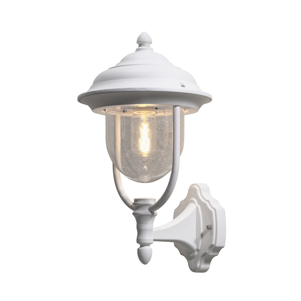Parma Hvit utendørslampe Fra Konstsmide - Med sin vakre form og klare glasskuppel sprer den et varmt og innbydende lys, ideelt for innganger og uteplasser.