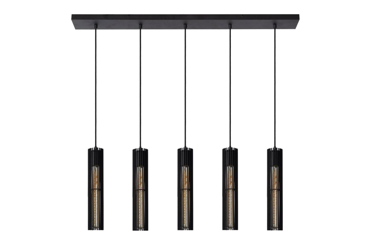 Lionel 100cm Svart Taklampe Fra Lucide - Hver lampeskjerm har fått ekstra oppmerksomhet, og de sorte metallribbene rundt lyskilden gir lampen et sofistikert preg.