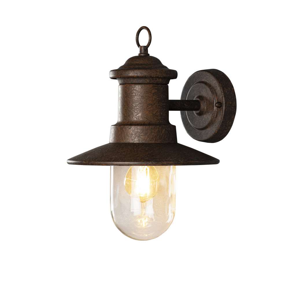 Napoli Rust utendørslampe Fra Konstsmide - Lampens klassiske design med rund glasskuppel og bred skjerm sprer et varmt og behagelig lys, perfekt for å lyse opp innganger og uteplasser.