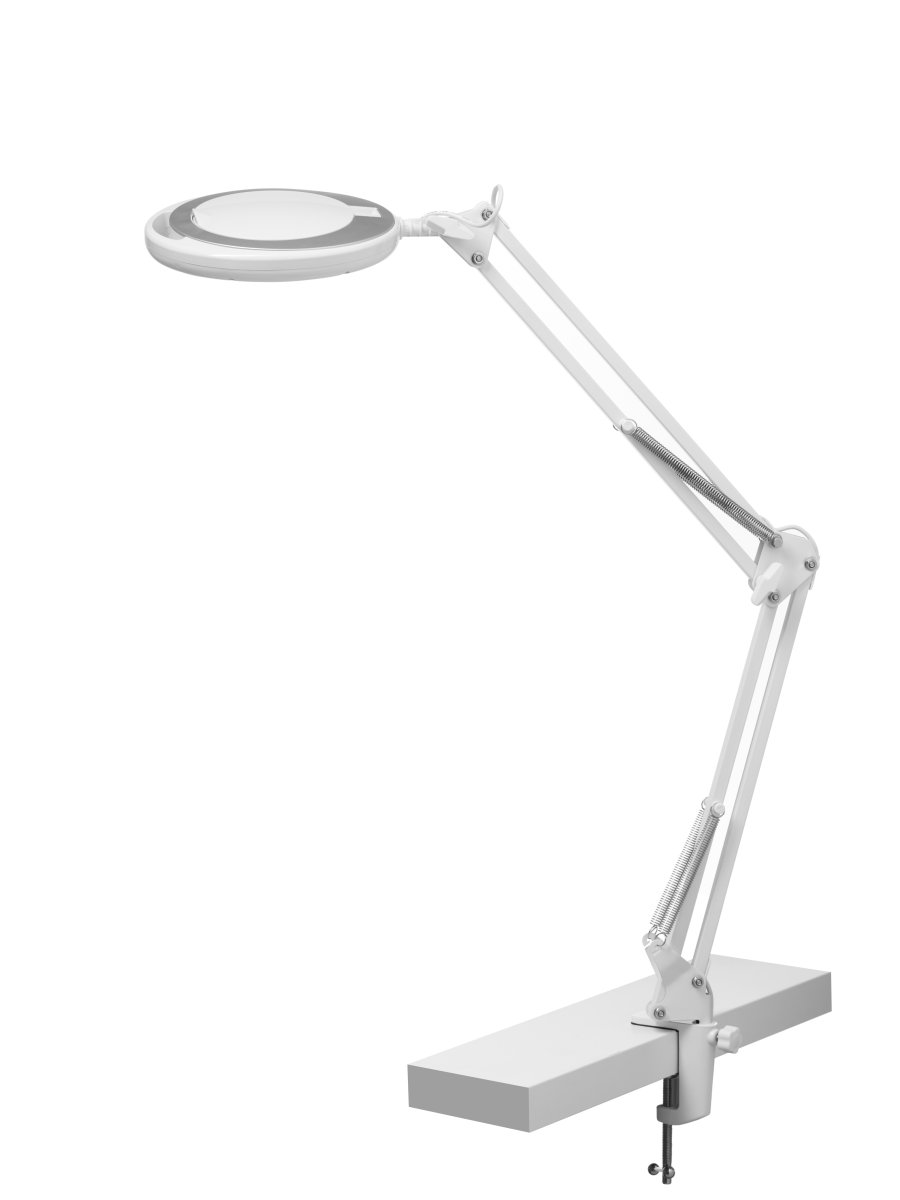 Magni Archi Hvit klemmelampe Fra Halo Design - Den vinklede armen har justerbart lampehode med integrert LED på 7W som avgir sterkt og godt arbeidslys.