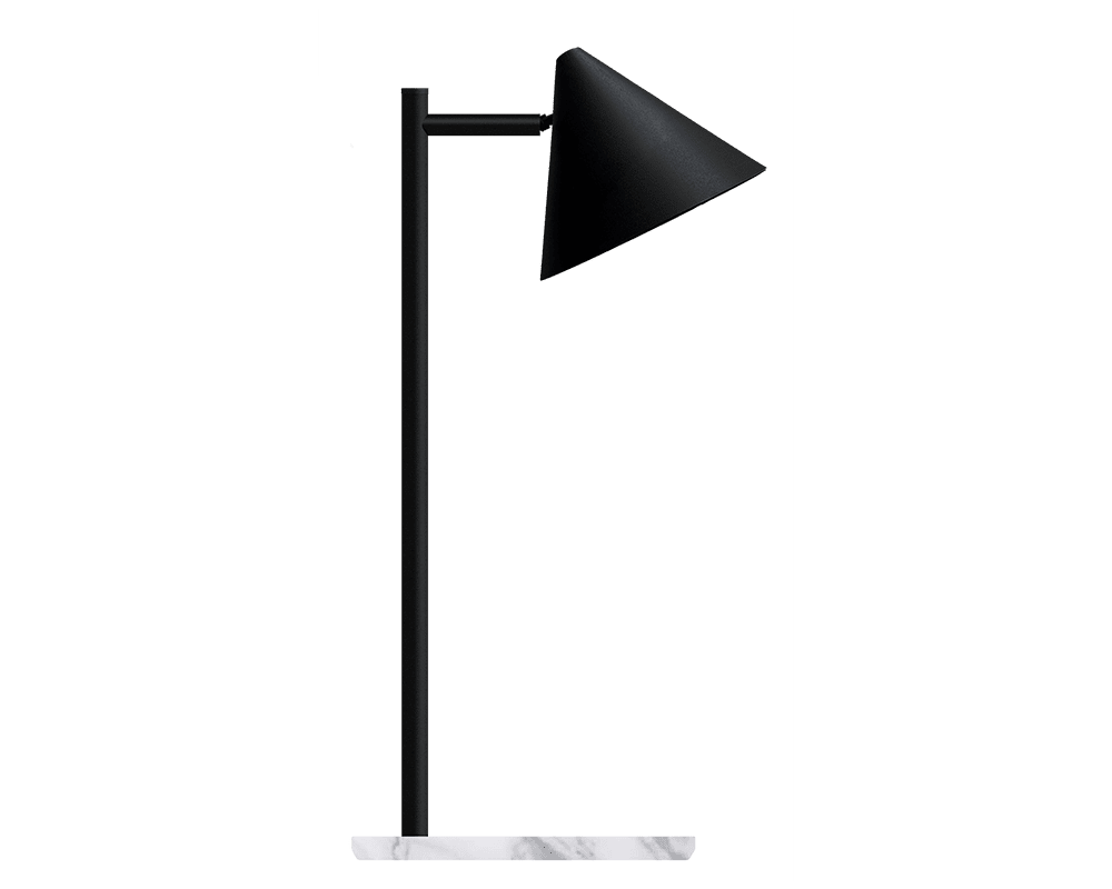 Tratt Micro 57cm Svart/marmor bordlampe Fra Westal - Funnel er en moderne bordlampe laget av rustfritt st&aring;l i svart pulverlakkert farge med en lampefot i hvit marmor.