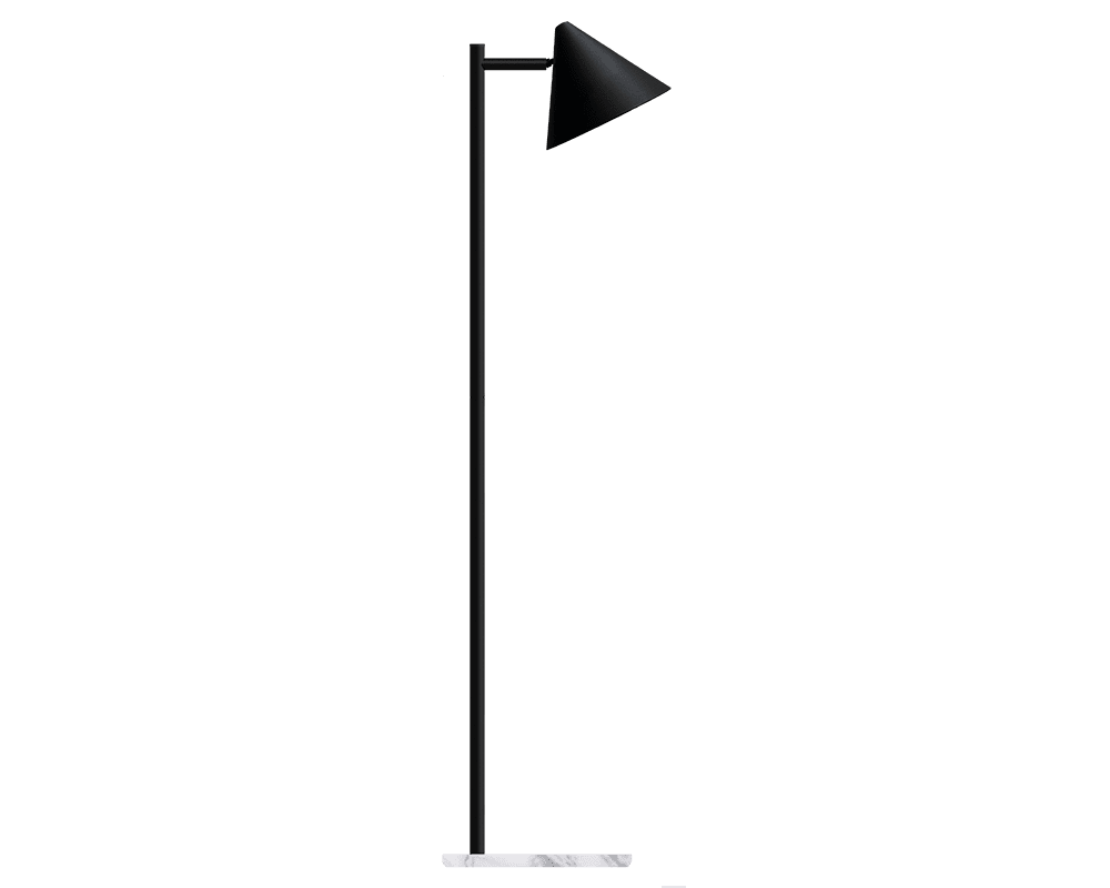 Tratt Micro Svart/marmor gulvlampe Fra Westal - Funnel er en moderne gulvlampe laget av rustfritt st&aring;l i svart pulverlakkert farge med en lampefot i hvit marmor.