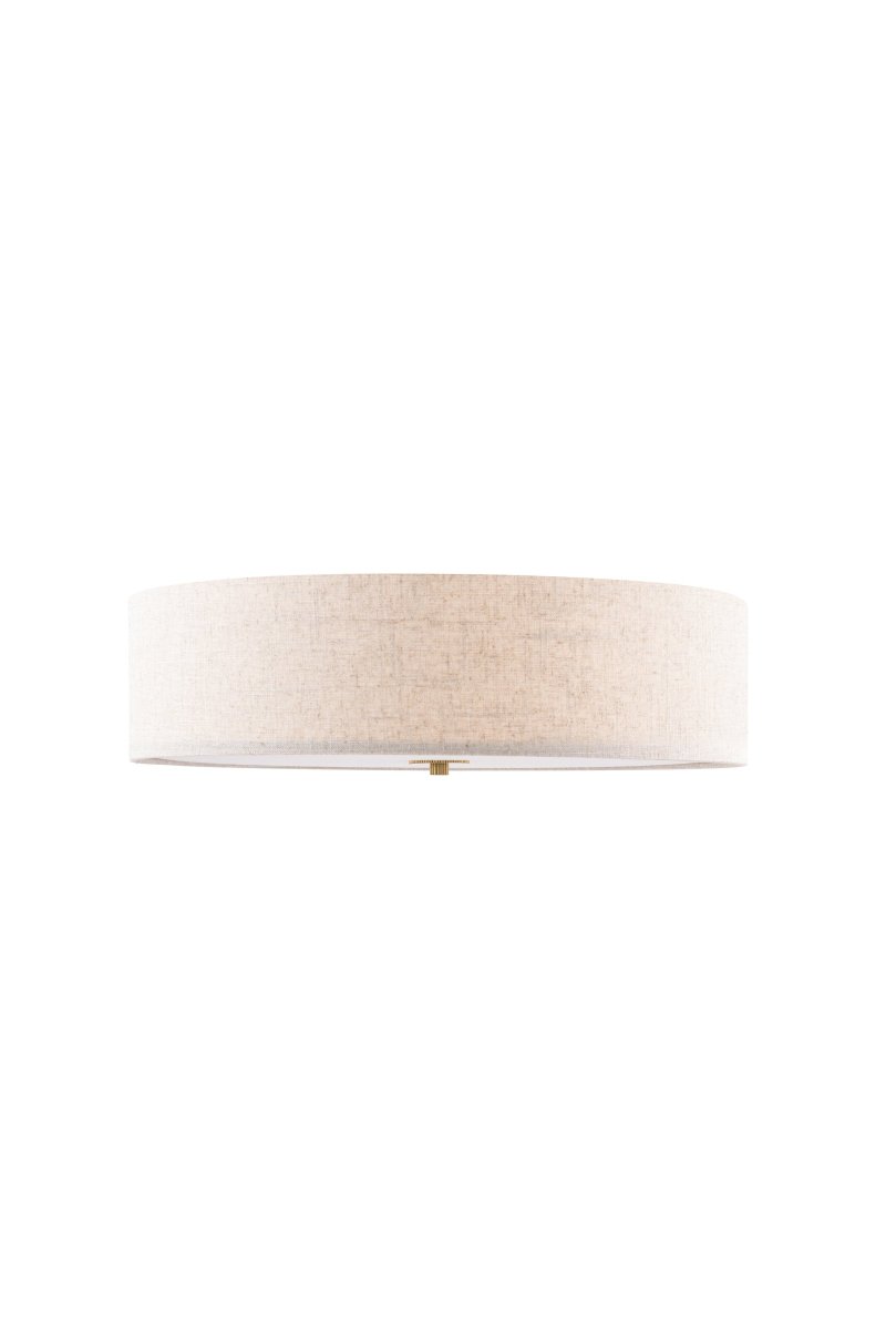 Noah Ø50 Beige plafond Fra Globen Lighting - Lampen er kombinert med en detalj i polert messing, stoffet har et levende m&oslash;nster og en hvit blendbeskyttelse nederst for &aring; spre et behagelig lys.
