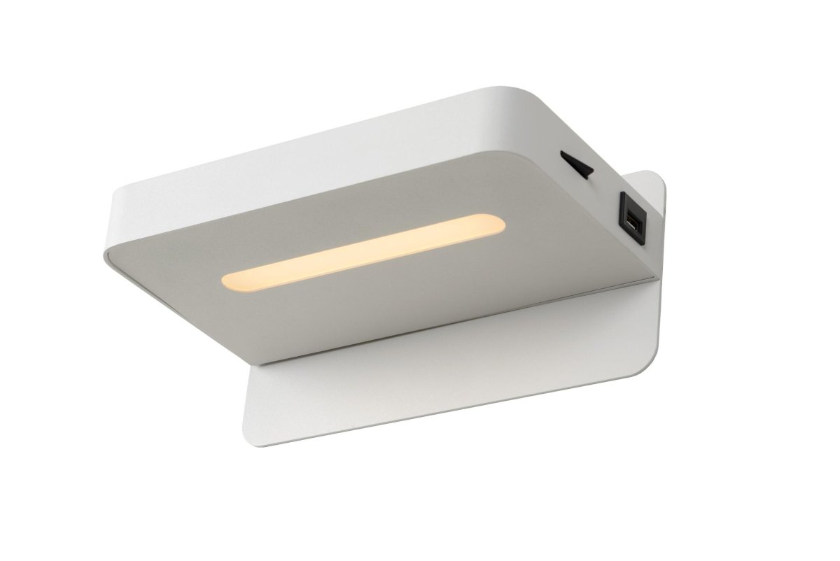 Atkin 25cm Hvit vegglampe Fra Lucide - Perfekt som nattbordslampe takket v&aelig;re den innebygde USB-porten, som gj&oslash;r det enkelt &aring; lade telefonen om natten.