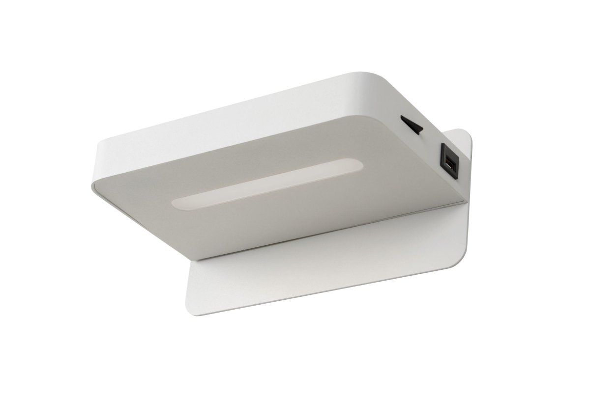 Atkin 25cm Hvit vegglampe Fra Lucide - Perfekt som nattbordslampe takket v&aelig;re den innebygde USB-porten, som gj&oslash;r det enkelt &aring; lade telefonen om natten.