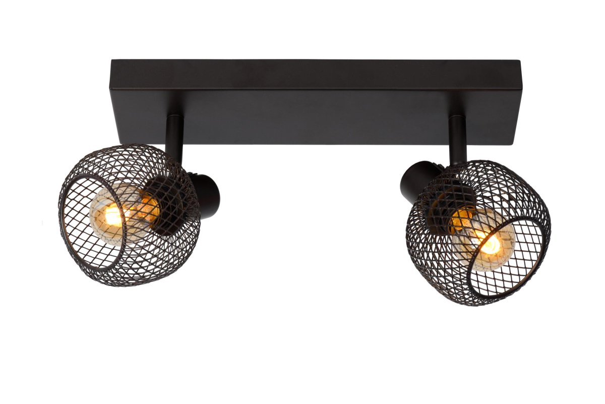 Maren 2 Svart spotlight Fra Lucide - Lyspunktene er dekket av sf&aelig;riske metallnett, men i stedet for perfekte kuler er det sylindriske fantasier med en &aring;pning i toppen som gir lyset maksimal spredning.