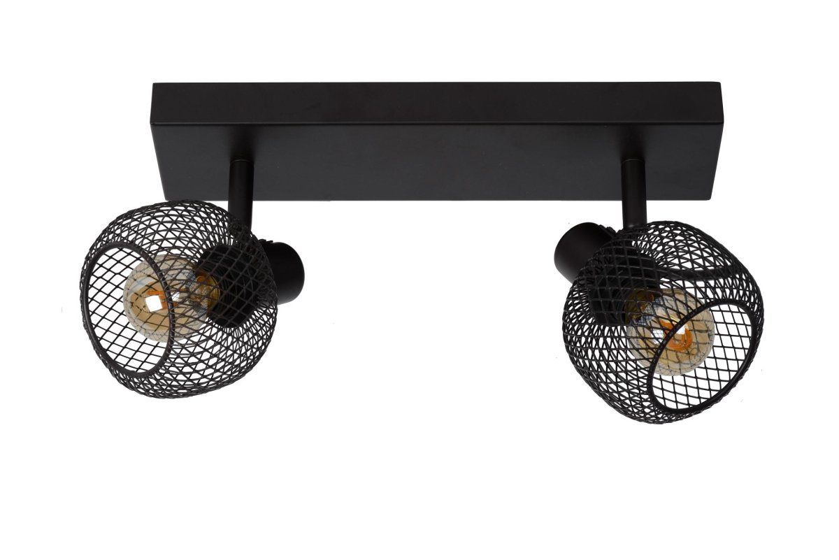 Maren 2 Svart spotlight Fra Lucide - Lyspunktene er dekket av sf&aelig;riske metallnett, men i stedet for perfekte kuler er det sylindriske fantasier med en &aring;pning i toppen som gir lyset maksimal spredning.