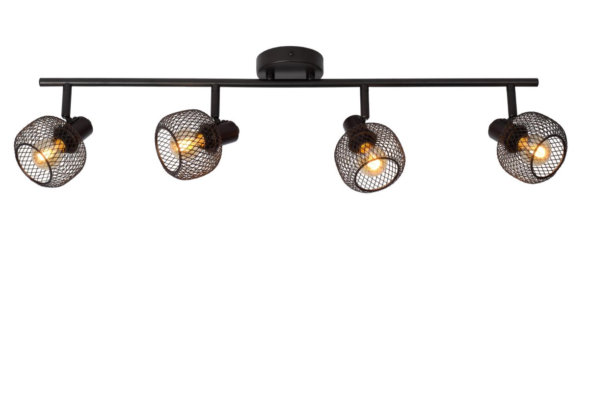 Maren 4 Svart spotlight Fra Lucide - Lyspunktene er dekket av sfæriske metallnett, men i stedet for perfekte kuler er det sylindriske fantasier med en åpning i toppen som gir lyset maksimal spredning.