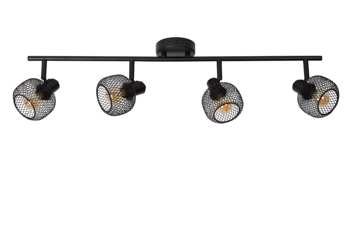 Maren 4 Svart spotlight Fra Lucide - Lyspunktene er dekket av sfæriske metallnett, men i stedet for perfekte kuler er det sylindriske fantasier med en åpning i toppen som gir lyset maksimal spredning.
