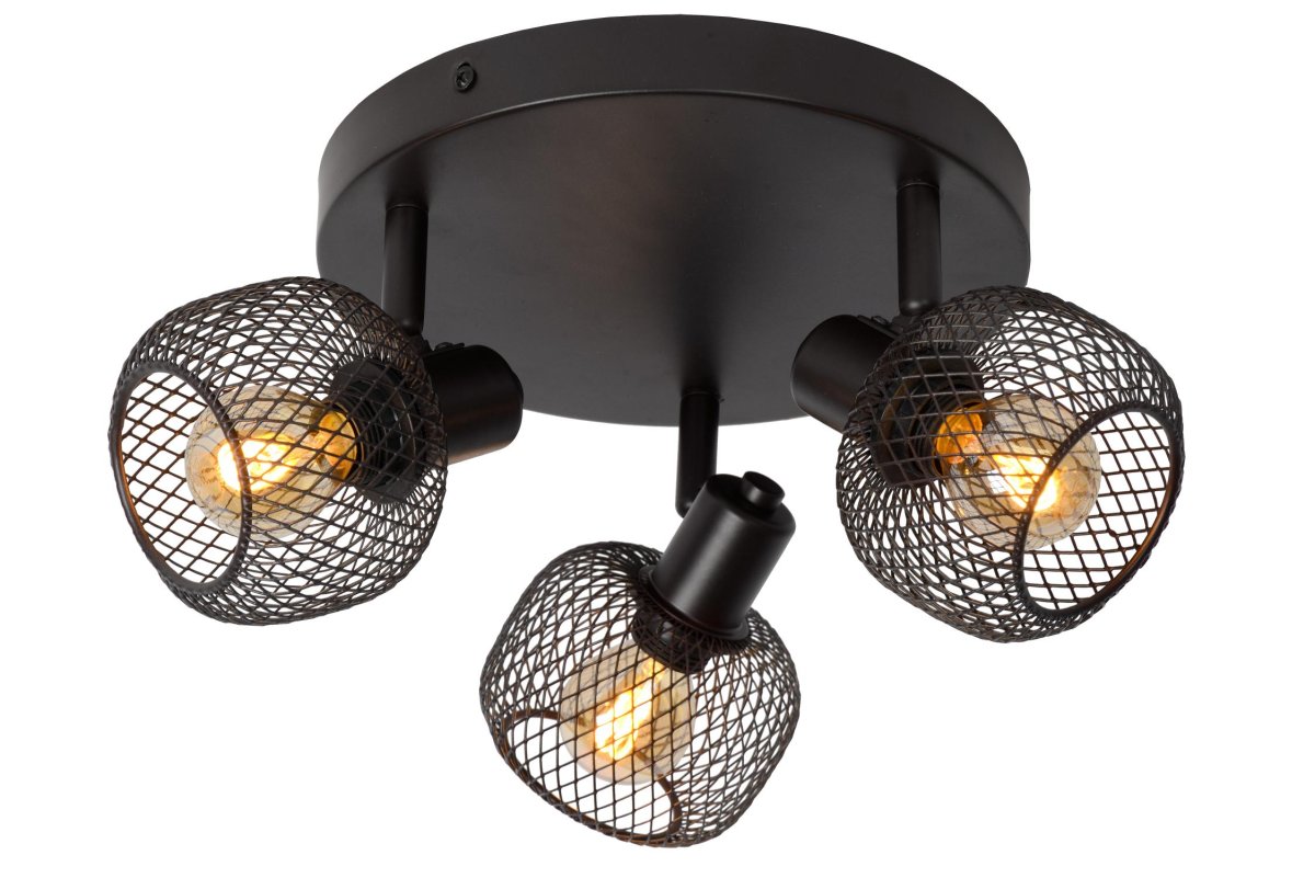 Maren 3 Svart spotlight Fra Lucide - Lyspunktene er dekket av sfæriske metallnett, men i stedet for perfekte kuler er det sylindriske fantasier med en åpning i toppen som gir lyset maksimal spredning.