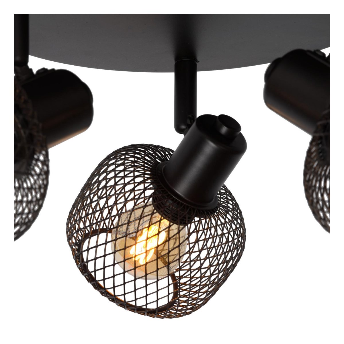 Maren 3 Svart spotlight Fra Lucide - Lyspunktene er dekket av sfæriske metallnett, men i stedet for perfekte kuler er det sylindriske fantasier med en åpning i toppen som gir lyset maksimal spredning.