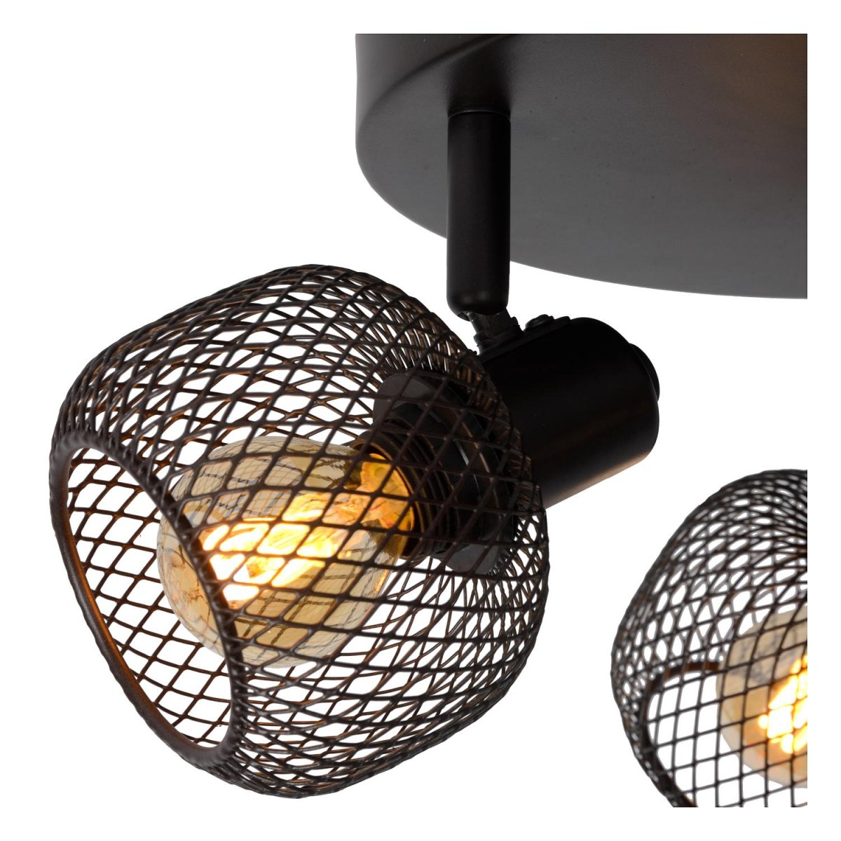 Maren 3 Svart spotlight Fra Lucide - Lyspunktene er dekket av sfæriske metallnett, men i stedet for perfekte kuler er det sylindriske fantasier med en åpning i toppen som gir lyset maksimal spredning.