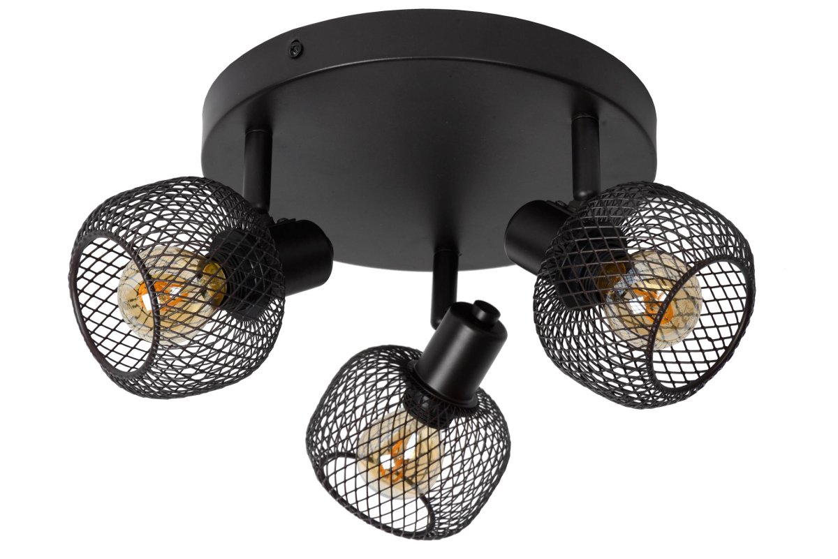 Maren 3 Svart spotlight Fra Lucide - Lyspunktene er dekket av sfæriske metallnett, men i stedet for perfekte kuler er det sylindriske fantasier med en åpning i toppen som gir lyset maksimal spredning.