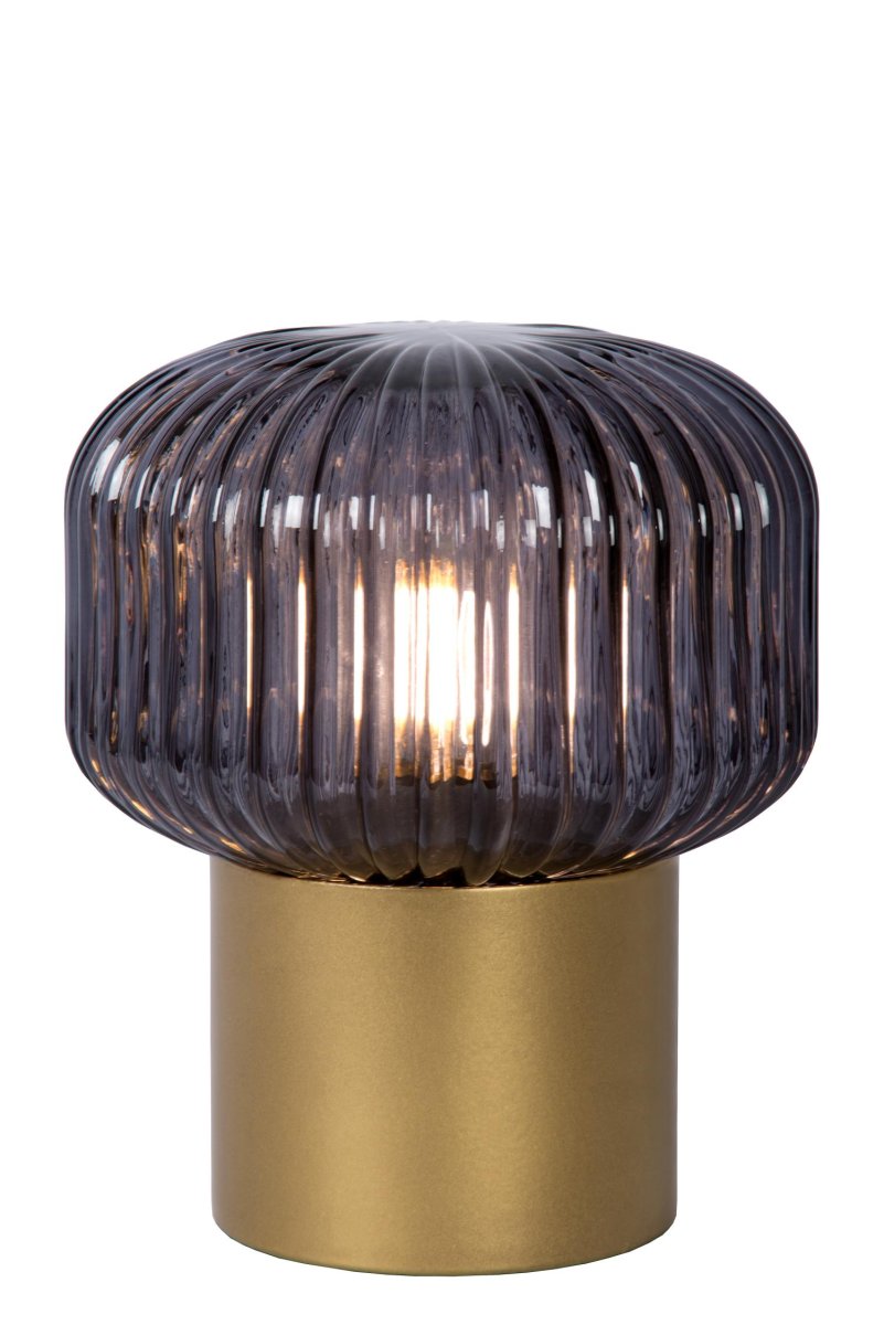 Jany 18cm Matt gull/messing bordlampe Fra Lucide - Den metalliske basen er en helt glatt sylinder, mens glasset rundt lyskilden er alt annet enn flatt.