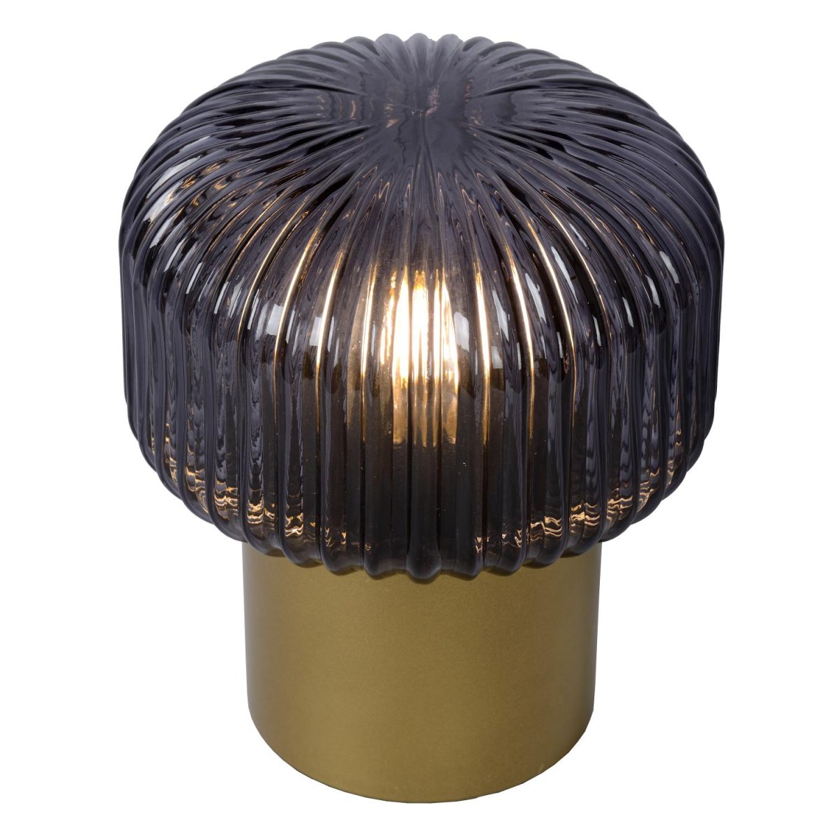 Jany 18cm Matt gull/messing bordlampe Fra Lucide - Den metalliske basen er en helt glatt sylinder, mens glasset rundt lyskilden er alt annet enn flatt.