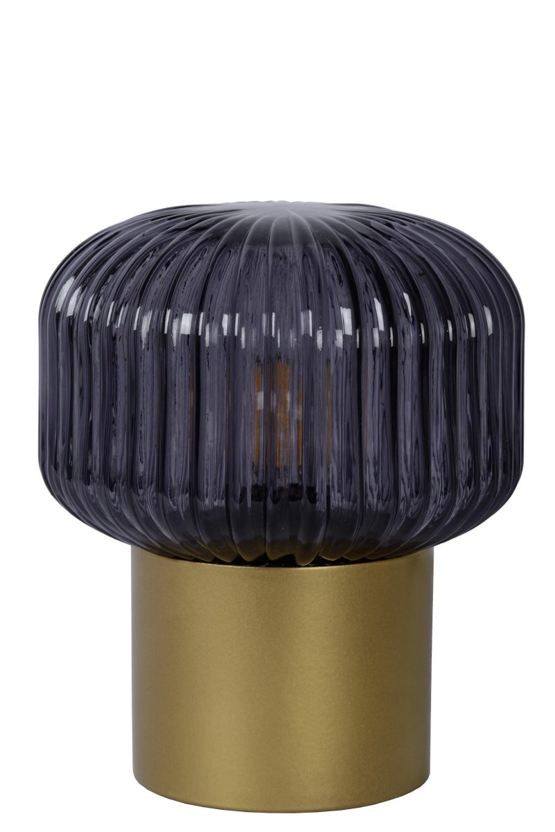 Jany 18cm Matt gull/messing bordlampe Fra Lucide - Den metalliske basen er en helt glatt sylinder, mens glasset rundt lyskilden er alt annet enn flatt.