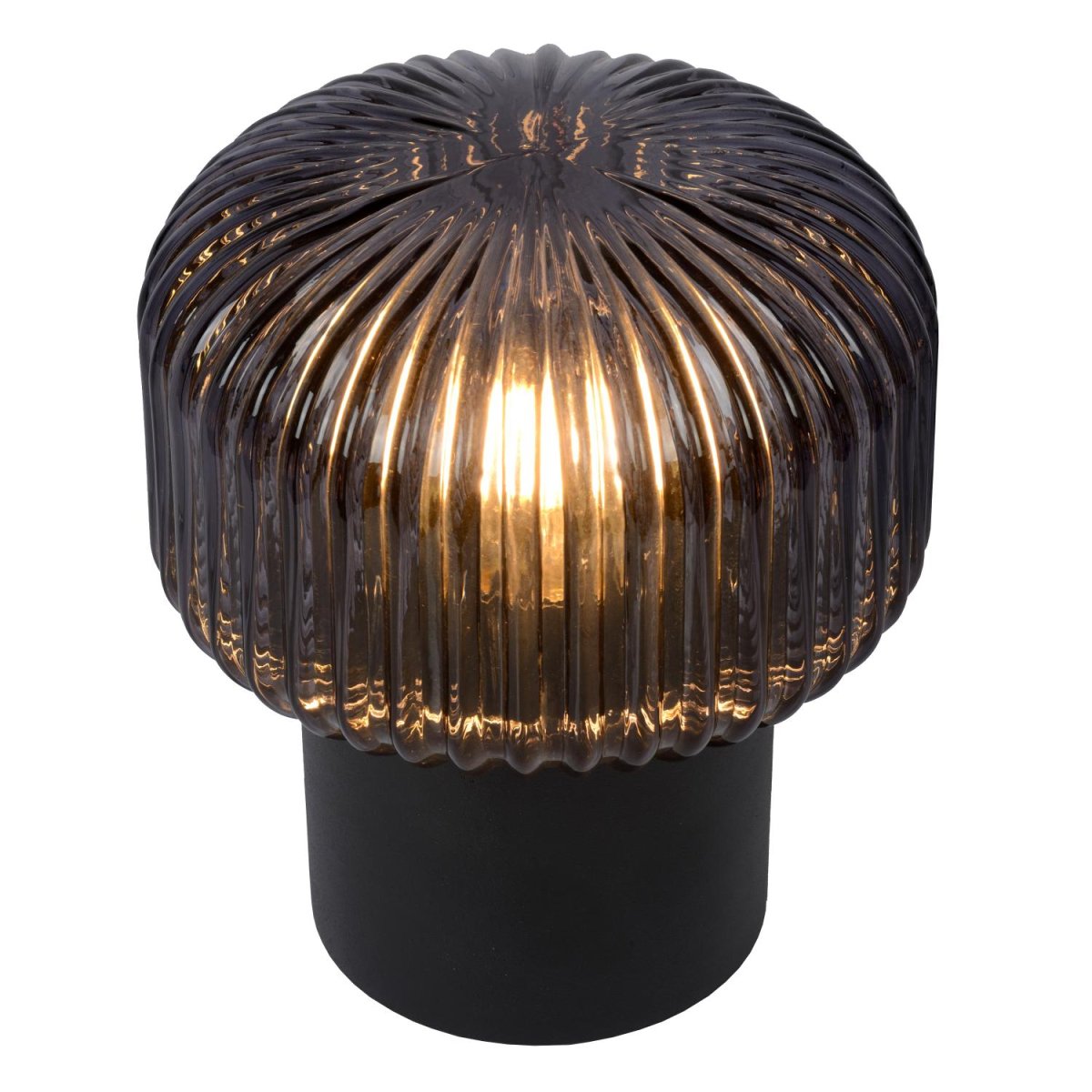 Jany 18cm Svart bordlampe Fra Lucide - Den metalliske basen er en helt glatt sylinder, mens glasset rundt lyskilden er alt annet enn flatt.