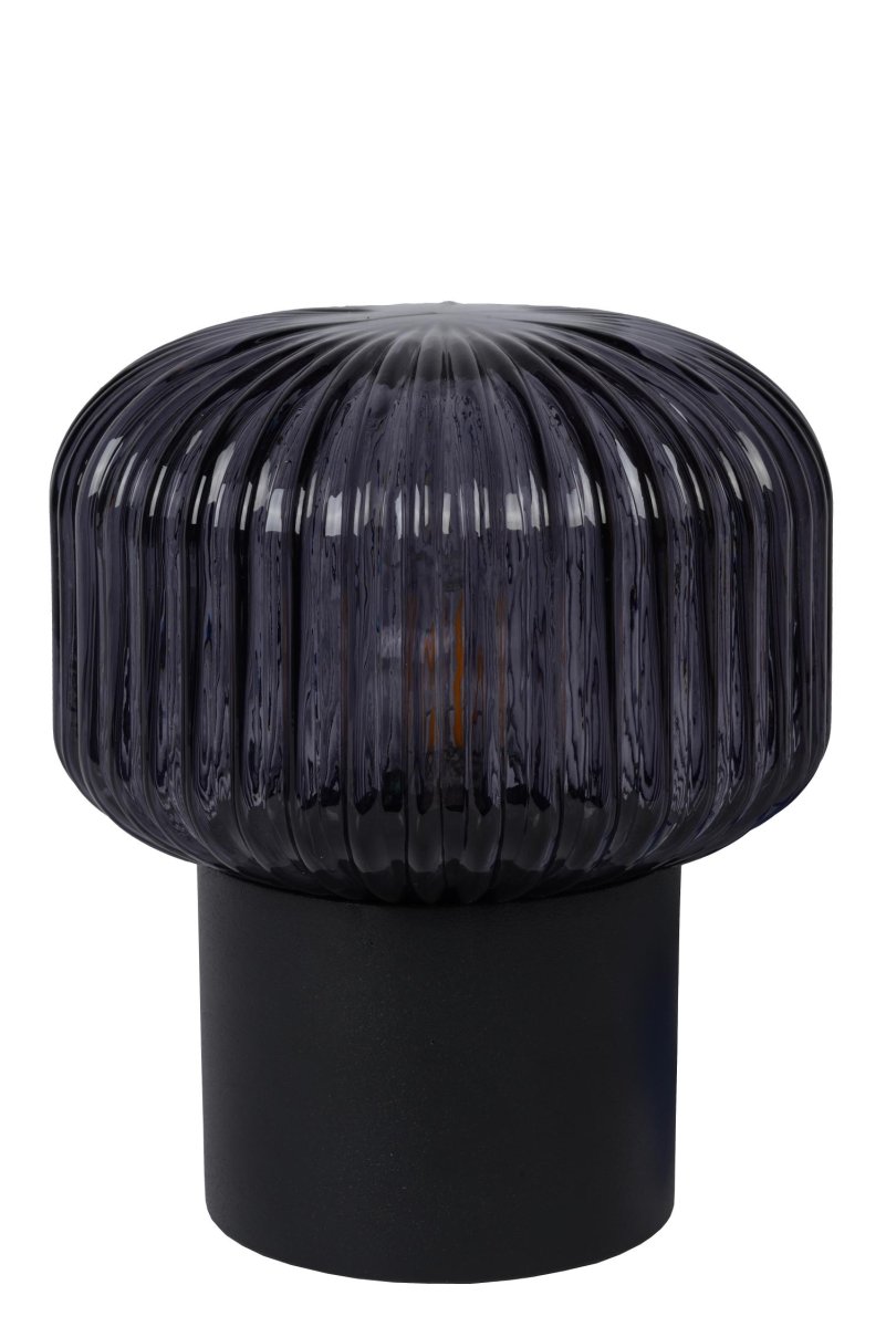 Jany 18cm Svart bordlampe Fra Lucide - Den metalliske basen er en helt glatt sylinder, mens glasset rundt lyskilden er alt annet enn flatt.