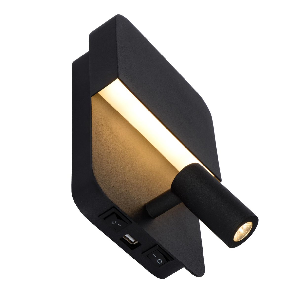 Boxer Svart leselampe Fra Lucide - Lampen har to separate str&oslash;mbrytere &ndash; en for retningsbelysningen og en for den integrerte LED-belysningen som sprer en koselig gl&oslash;d.