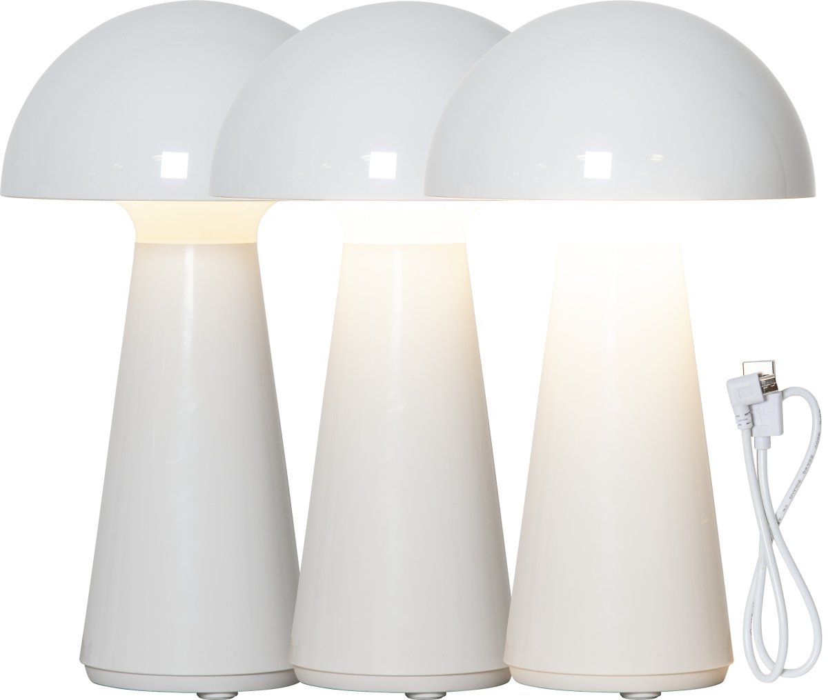 Mushroom 28cm Hvit bærbar Fra Star Trading - Lampen har en 3-trinns funksjon, med et lett trykk på toppen av lampen; skjermen kan du justere lysstyrken, 100, 50 eller 10% av full lading.