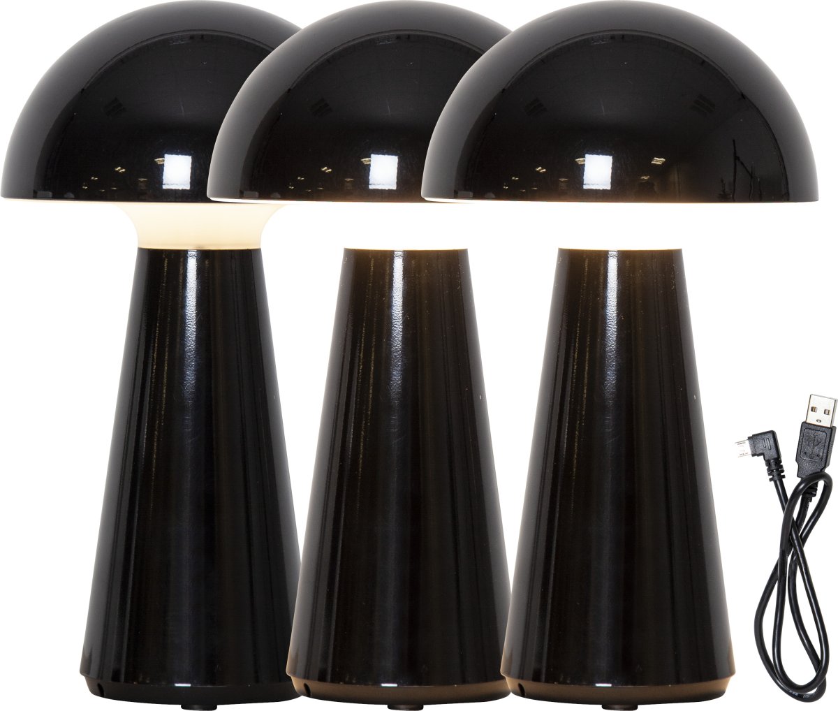 Mushroom 28cm Svart bærbar Fra Star Trading - Lampen har en 3-trinns funksjon, med et lett trykk på toppen av lampen; skjermen kan du justere lysstyrken, 100, 50 eller 10% av full lading.