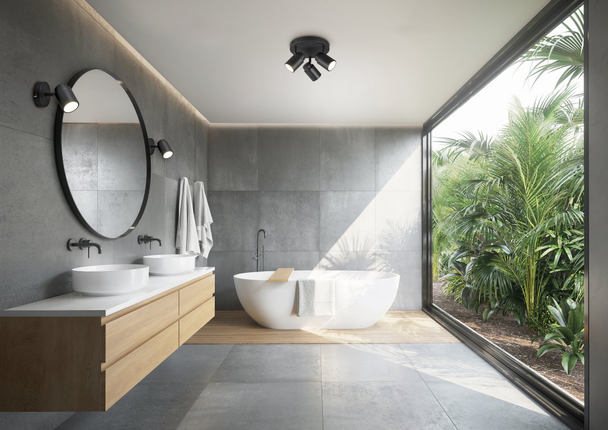 Angelo Ø20 Svart baderomslampe Fra Trio Lighting - Denne klassiske spotlighten med trinnløst justerbare skjermer og IP44-beskyttelse er allsidig og passer både i vaskerommet og på badet.