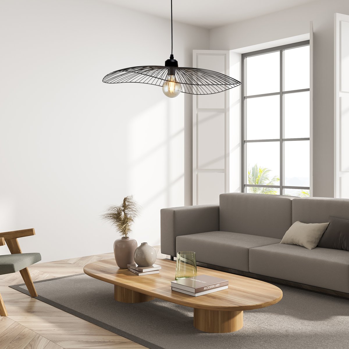 Wave 70cm Svart Taklampe Fra Searchlight - Den har en justerbar design som gj&oslash;r at pendelen kan gj&oslash;res om til en taklampe, slik at du kan justere h&oslash;yden for &aring; passe til rommet.