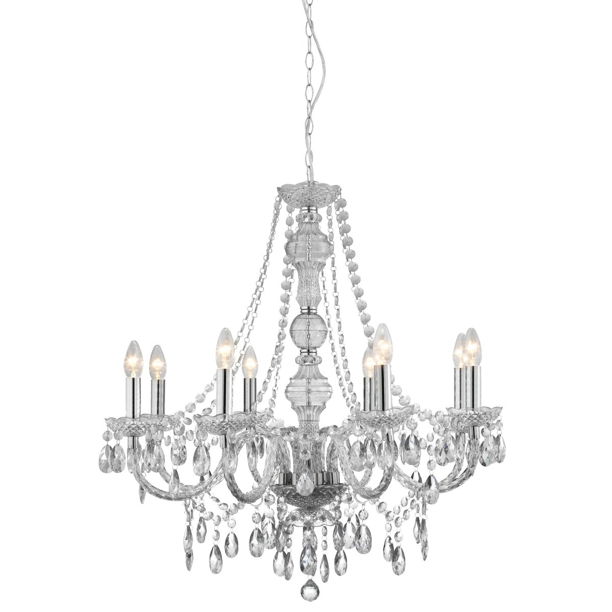 Marie Therese Ø74 Klar Taklampe Fra Searchlight - Den tradisjonelle designen med en moderne vri er luksuriøst pyntet med klare glassdråper og perler og har buede armer og glassdetaljer som skaper et glamorøst fokuspunkt i ethvert interiør.