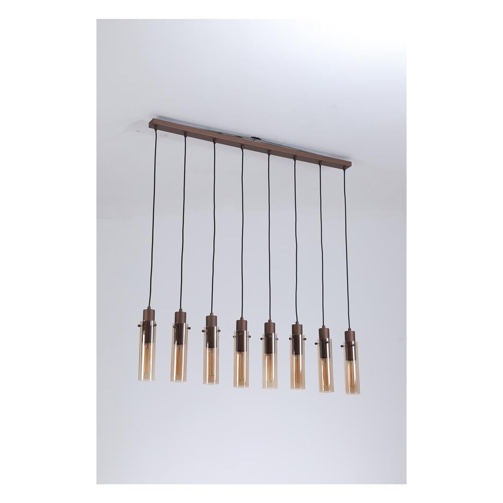 Sweden 110cm Brun Taklampe Fra Searchlight - De avlange ravfargede glassskjermene skaper et mykt lys og en elegant følelse, mens den mokkafargede metallrammen gir et sofistikert og moderne uttrykk.
