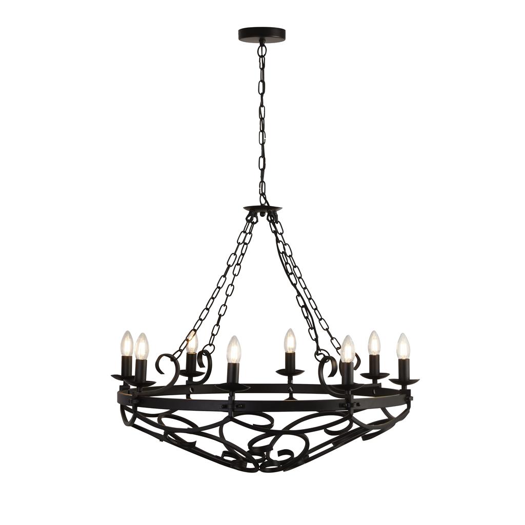 Cartwheel Ø80 Svart Taklampe Fra Searchlight - Cartwheel er en rustikk lysekrone med &aring;tte lysholdere i klassisk kandelaberstil i matt svart for et moderne uttrykk.
