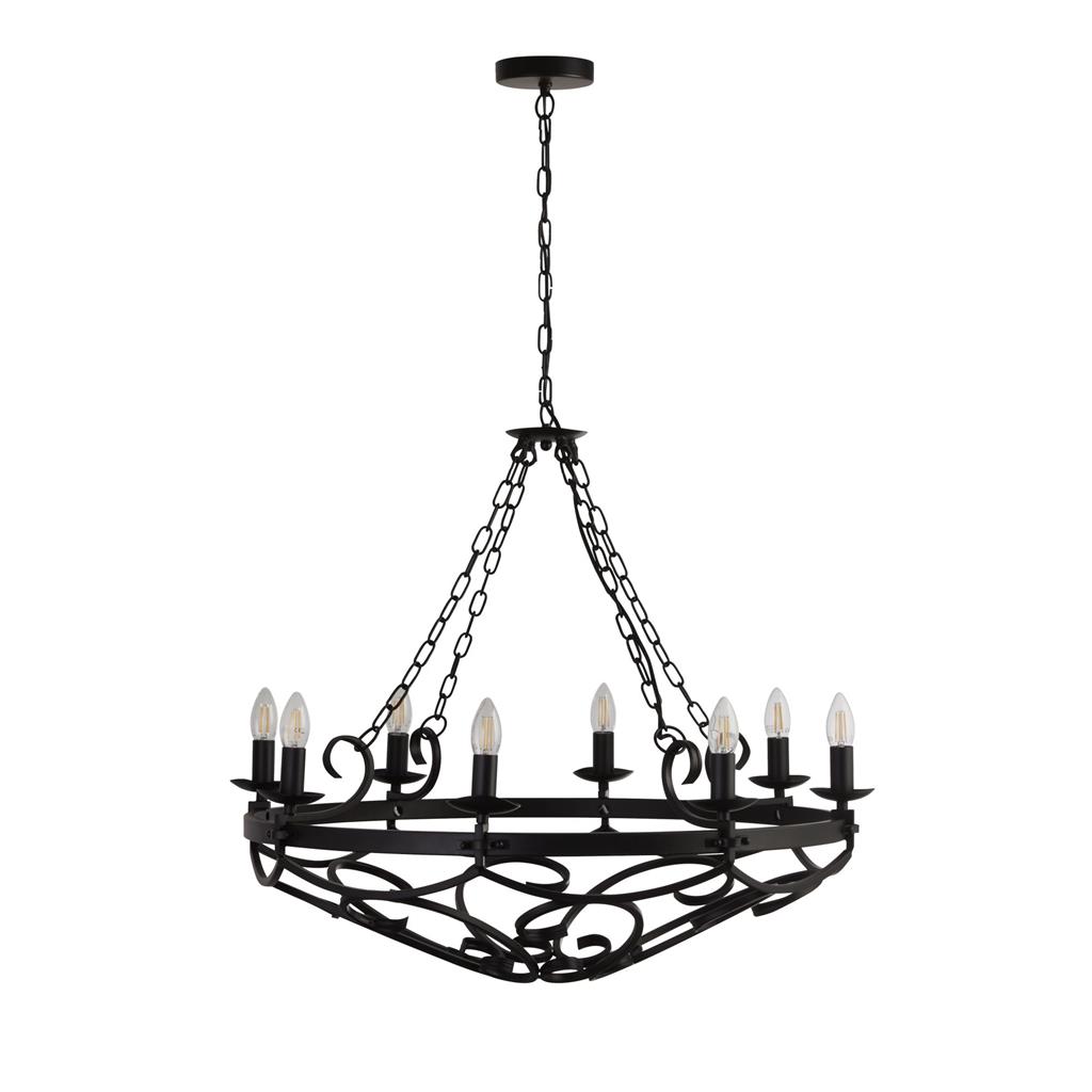 Cartwheel Ø80 Svart Taklampe Fra Searchlight - Cartwheel er en rustikk lysekrone med &aring;tte lysholdere i klassisk kandelaberstil i matt svart for et moderne uttrykk.
