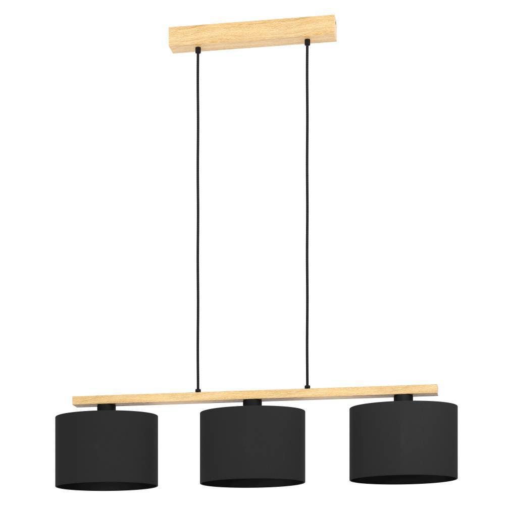 Castralvo 97cm Natur Taklampe Fra Eglo - Denne pendellampen kombinerer tre sorte lampeskjermer med en base i lyst tre, og skaper en harmonisk og moderne følelse.