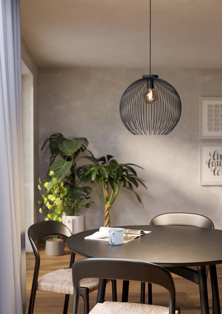 Venezuela Ø40 Svart Taklampe Fra Eglo - Denne moderne takpendelen har en elegant tråddesign i sort stål som gir rommet en luftig og stilig følelse.
