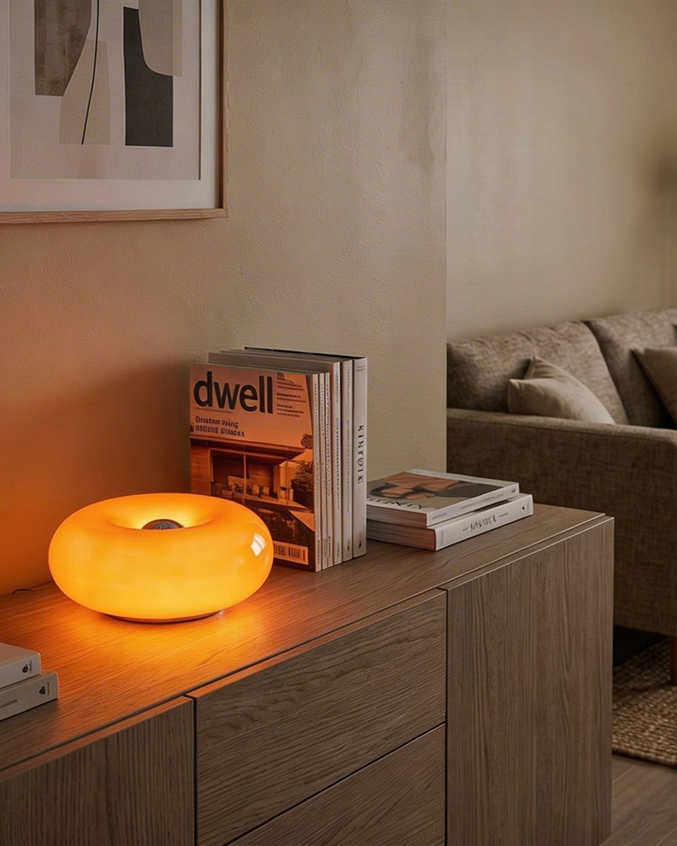 Basile 10cm Oransje bordlampe Fra Eglo - Basile er en dekorativ lampe i oransje glass med s&oslash;lvdetaljer og en rund, myk form.