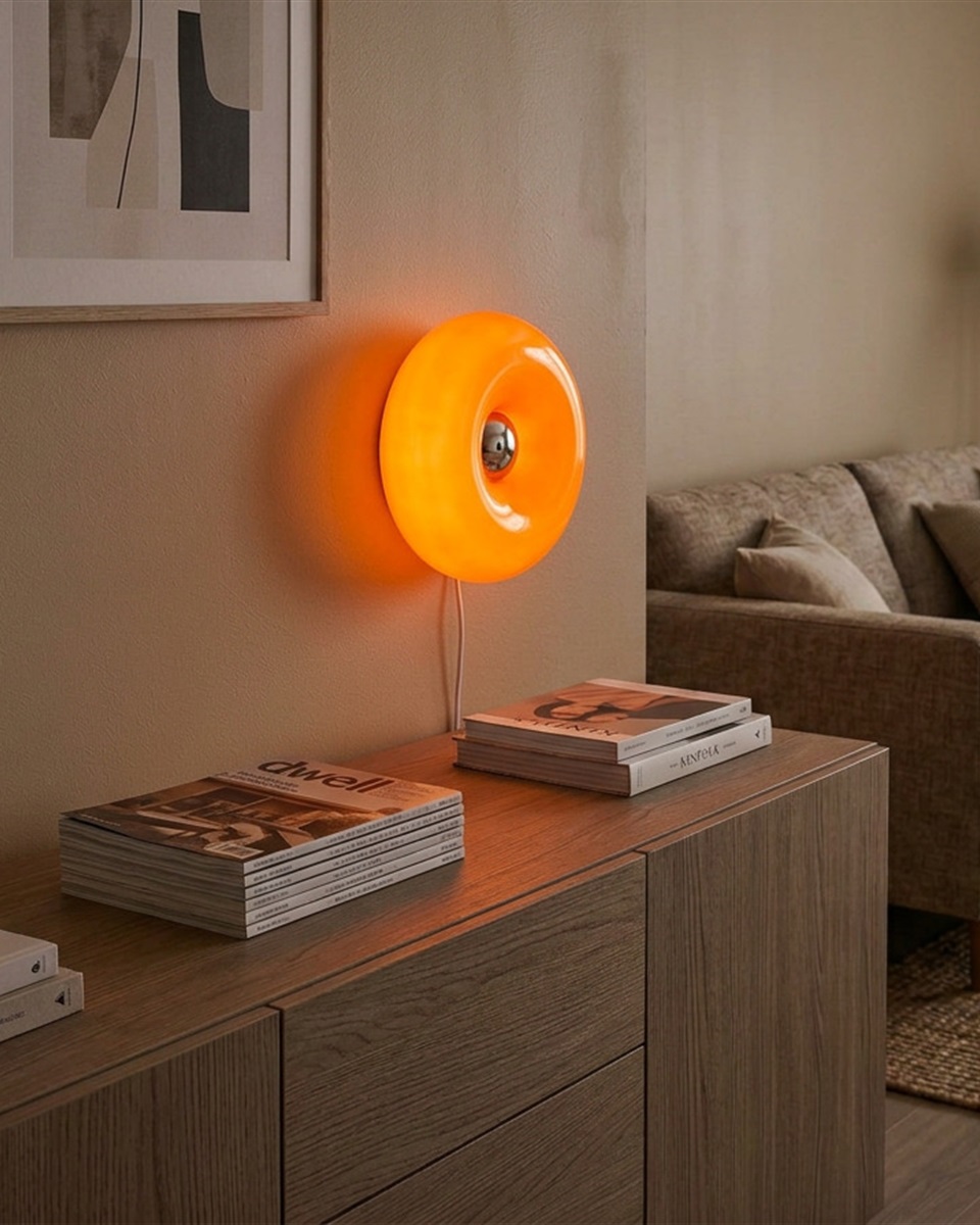 Basile 10cm Oransje bordlampe Fra Eglo - Basile er en dekorativ lampe i oransje glass med s&oslash;lvdetaljer og en rund, myk form.