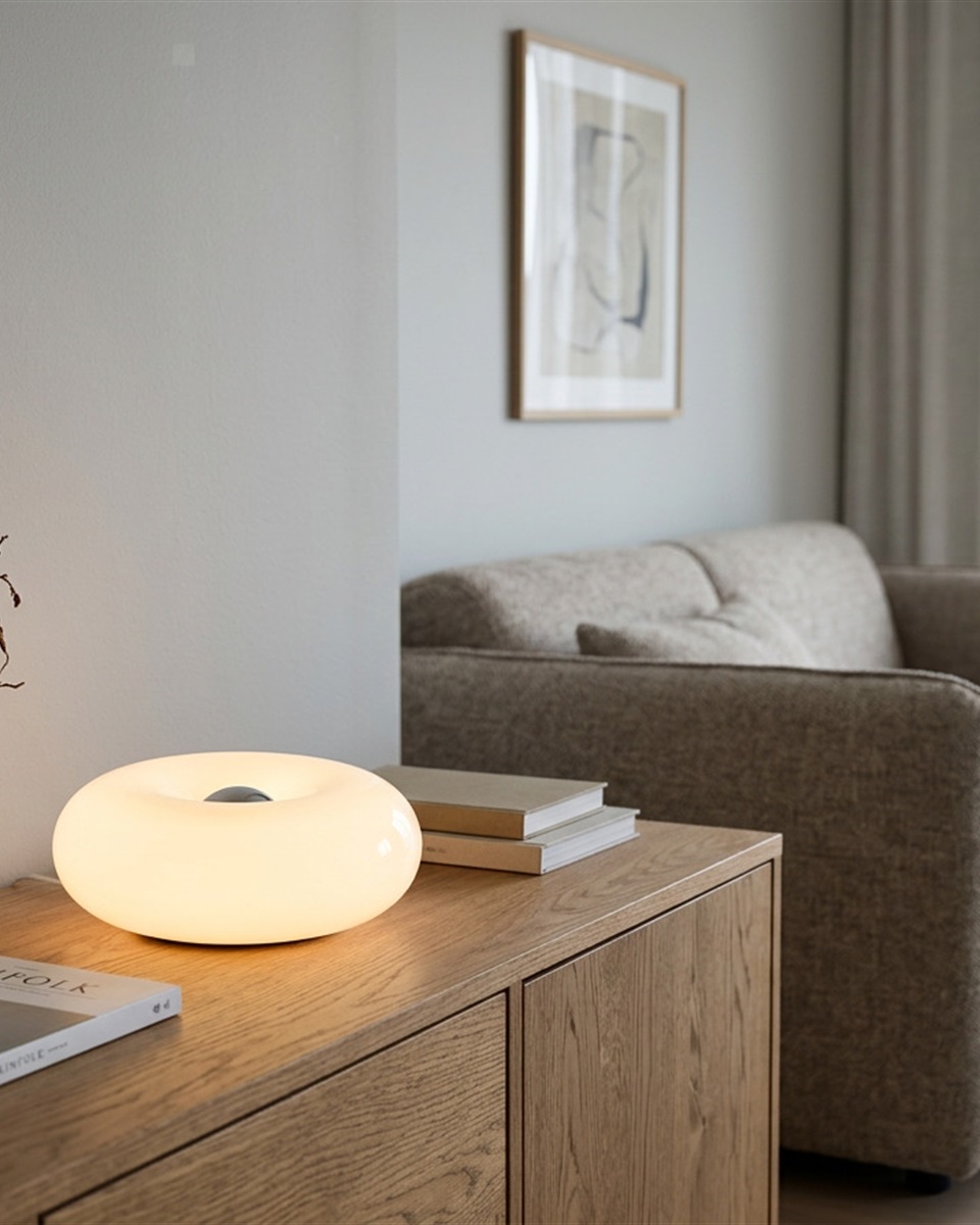 Basile 10cm Hvit bordlampe Fra Eglo - Basile er en dekorativ lampe i hvitt glass med s&oslash;lvdetaljer og en rund, myk form.