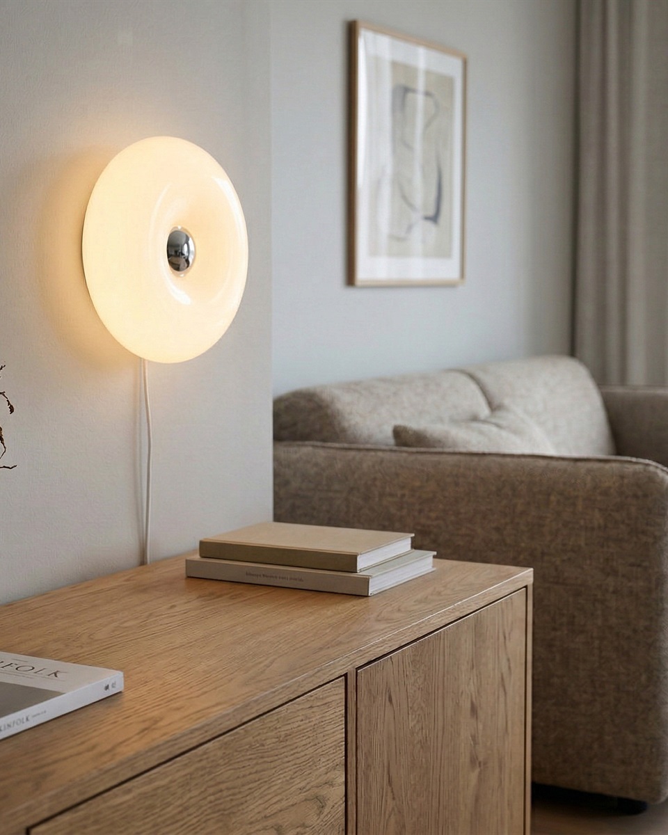 Basile 10cm Hvit bordlampe Fra Eglo - Basile er en dekorativ lampe i hvitt glass med s&oslash;lvdetaljer og en rund, myk form.