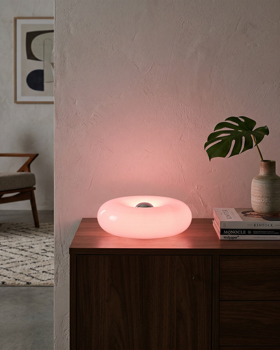 Basile 10cm Lilla bordlampe Fra Eglo - Basile er en dekorativ lampe i lilla glass med sølvdetaljer og en rund, myk form.