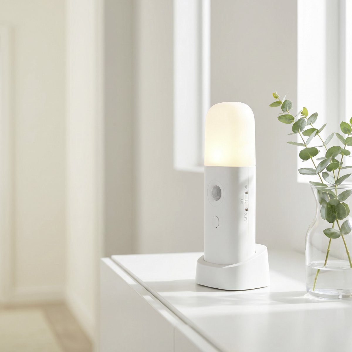 Merta Hvit bærbar Fra Eglo - Lampen leveres med en stasjon hvor den enkelt kan plasseres på for eksempel et nattbord, en hylle eller et skrivebord.