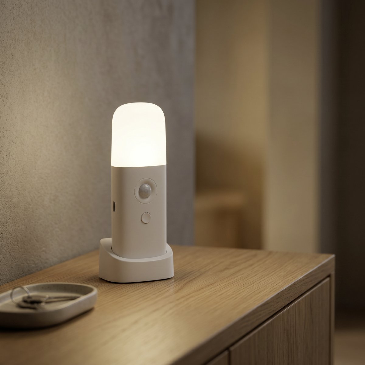 Merta Hvit bærbar Fra Eglo - Lampen leveres med en stasjon hvor den enkelt kan plasseres på for eksempel et nattbord, en hylle eller et skrivebord.