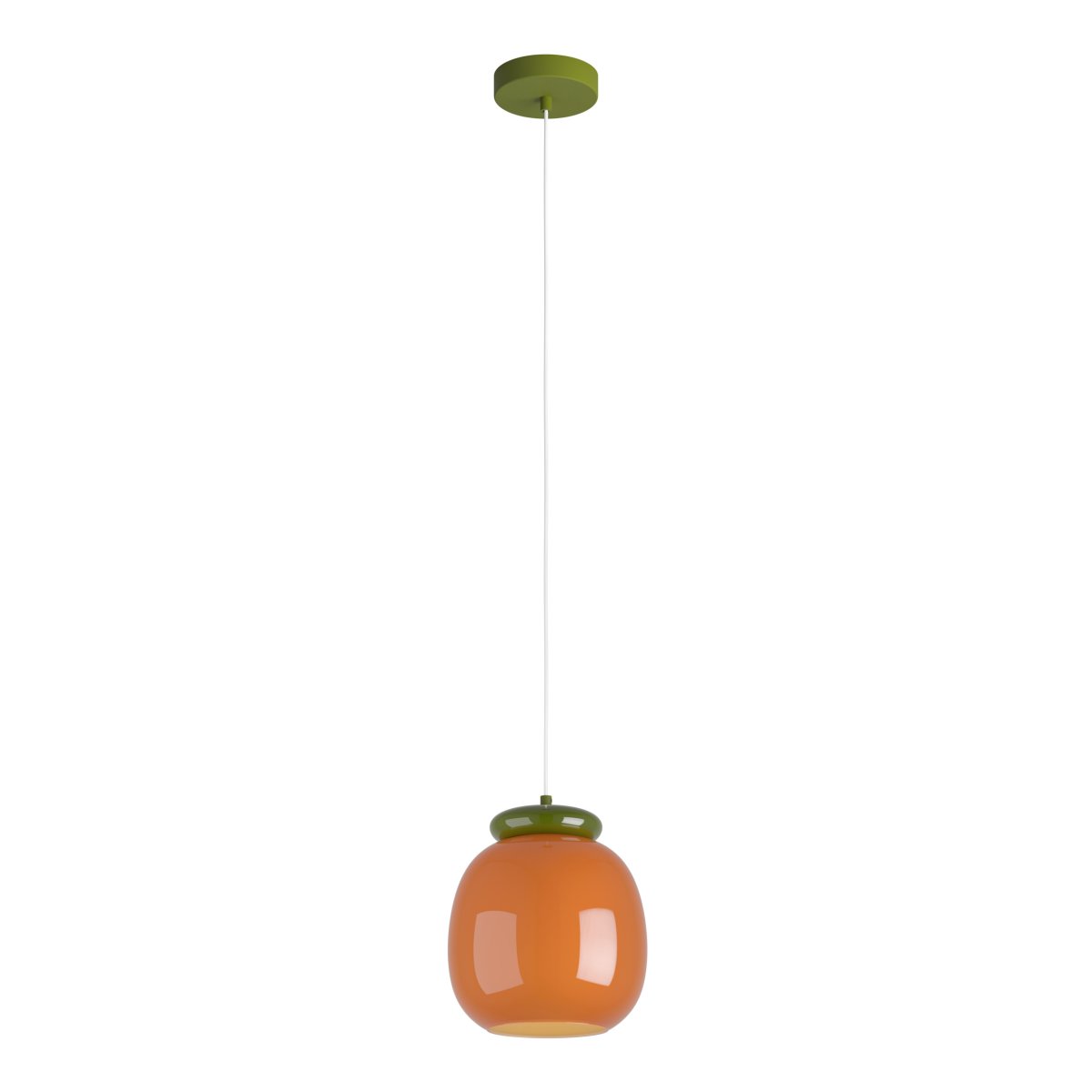 Berardelli Ø23 Oransje Taklampe Fra Eglo - Den grønne skjermen og detaljen over glassskjermen gir lampen et lekent uttrykk og er et fint fargeinnslag i rommet.