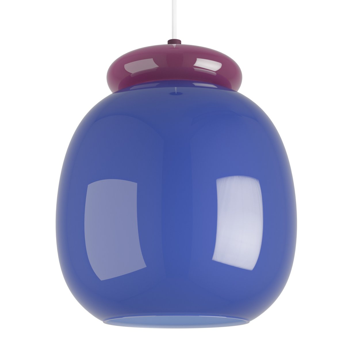Berardelli Ø23 Blå Taklampe Fra Eglo - Den lilla skjermen og detaljen over glassskjermen gir lampen et lekent uttrykk og er et fint fargeinnslag i rommet.