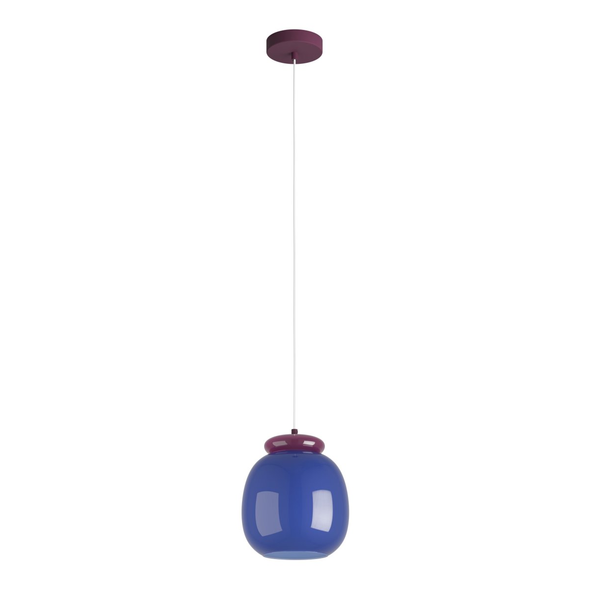 Berardelli Ø23 Blå Taklampe Fra Eglo - Den lilla skjermen og detaljen over glassskjermen gir lampen et lekent uttrykk og er et fint fargeinnslag i rommet.