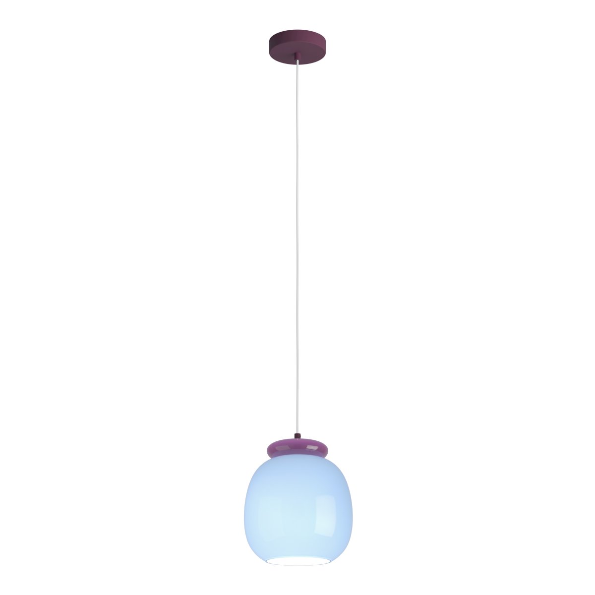 Berardelli Ø23 Blå Taklampe Fra Eglo - Den lilla skjermen og detaljen over glassskjermen gir lampen et lekent uttrykk og er et fint fargeinnslag i rommet.