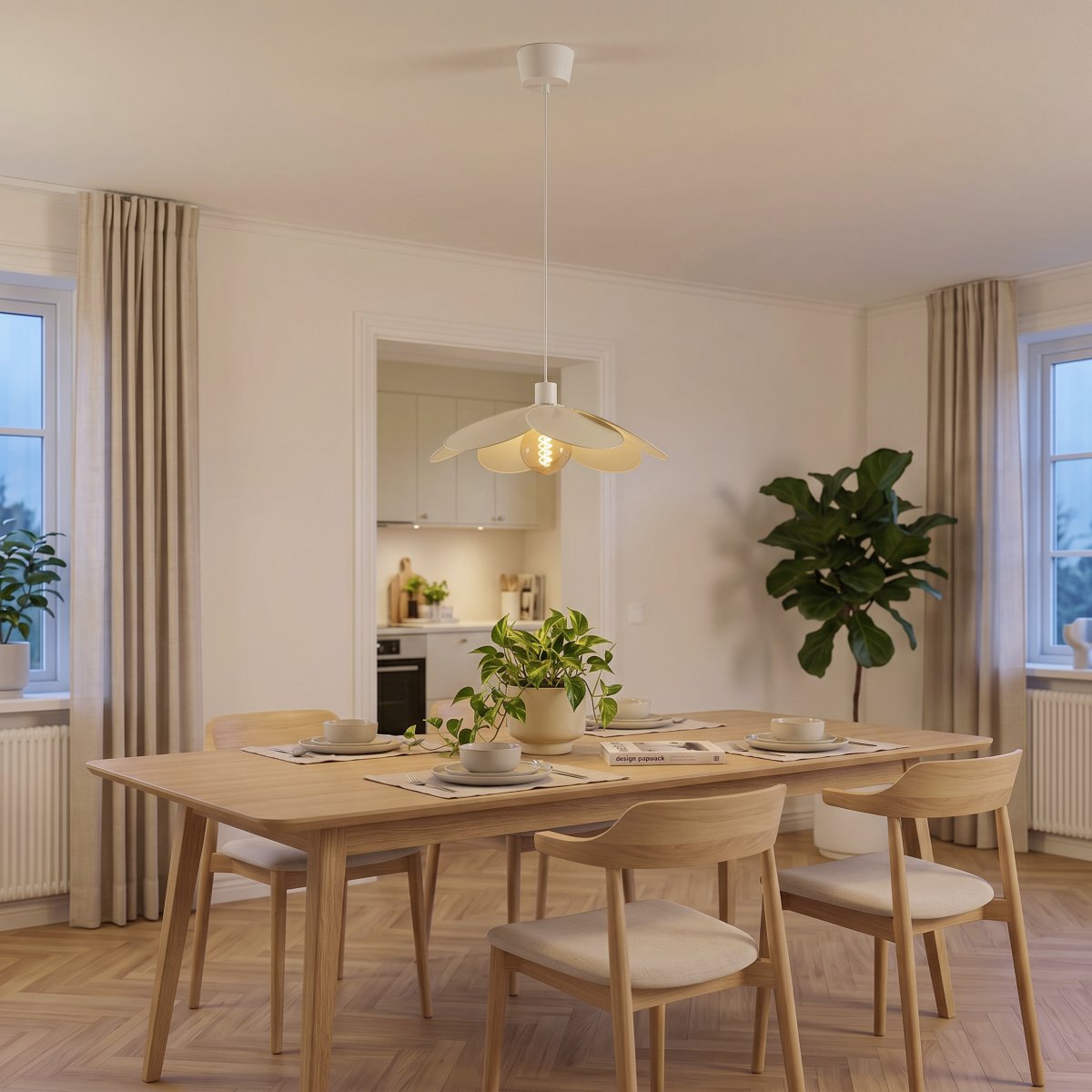Binacua Ø40 Beige Taklampe Fra Eglo - Skjermen er laget av mykt avrundede blader som overlapper hverandre og lar lyskilden sees i midten.