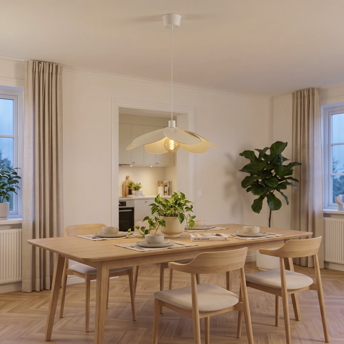 Binacua Ø60 Beige Taklampe Fra Eglo - Skjermen er laget av mykt avrundede blader som overlapper hverandre og lar lyskilden sees i midten.