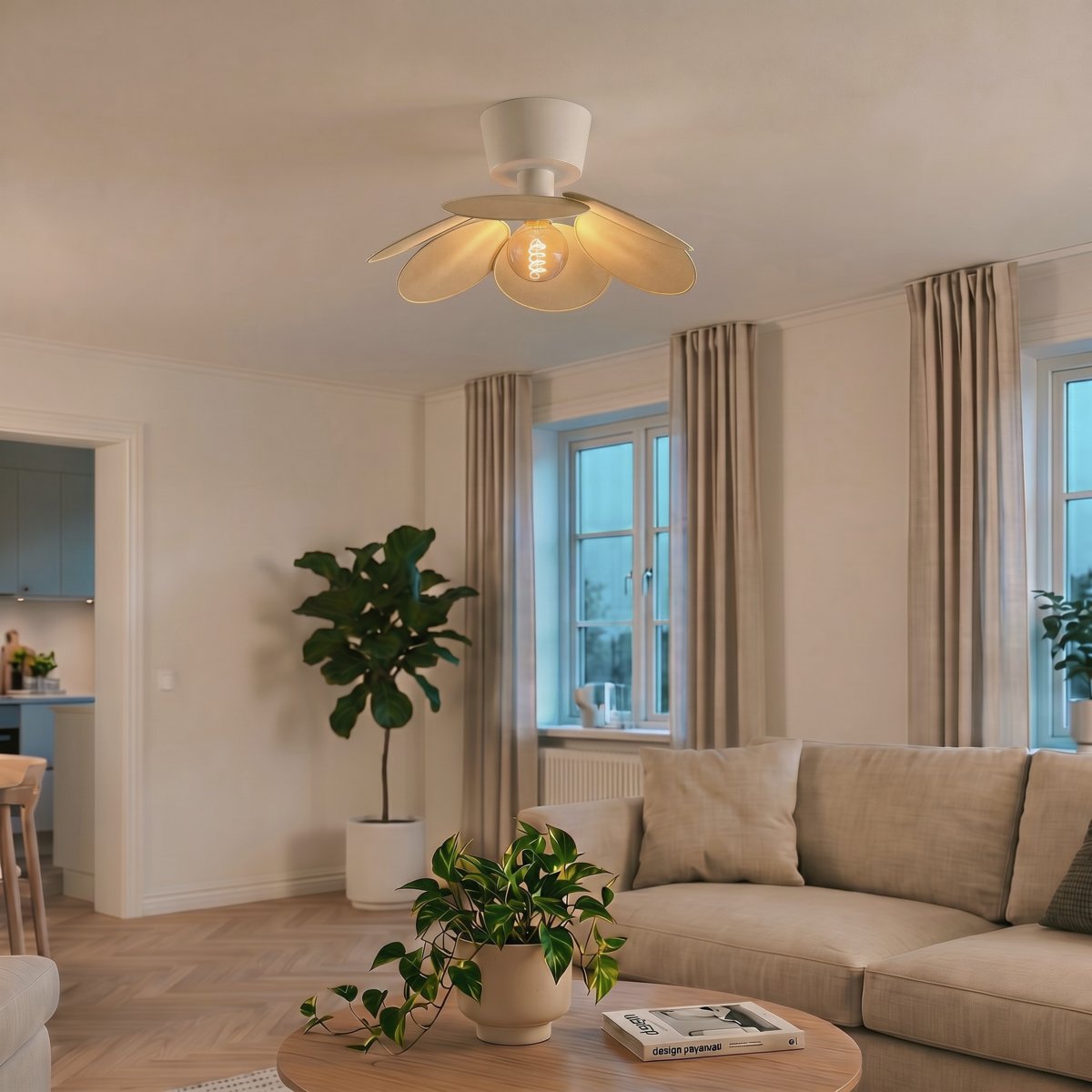Binacua Ø45 Beige plafond Fra Eglo - Skjermen er laget av mykt avrundede blader som overlapper hverandre og lar lyskilden sees i midten.
