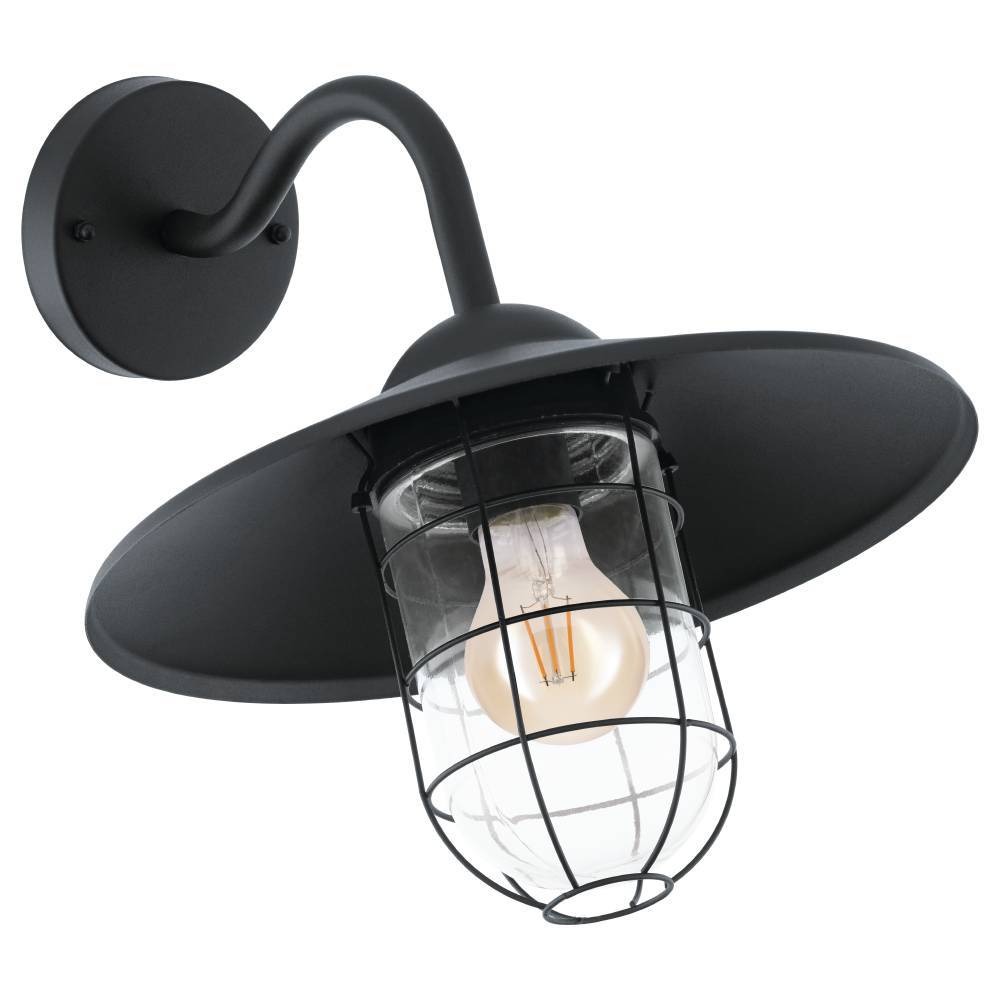 Melgoa Svart utendørslampe Fra Eglo - Med sitt beskyttelsesgitter og brede metallskjerm skaper den et kraftig lys som er utmerket for både innendørs og utendørs bruk.