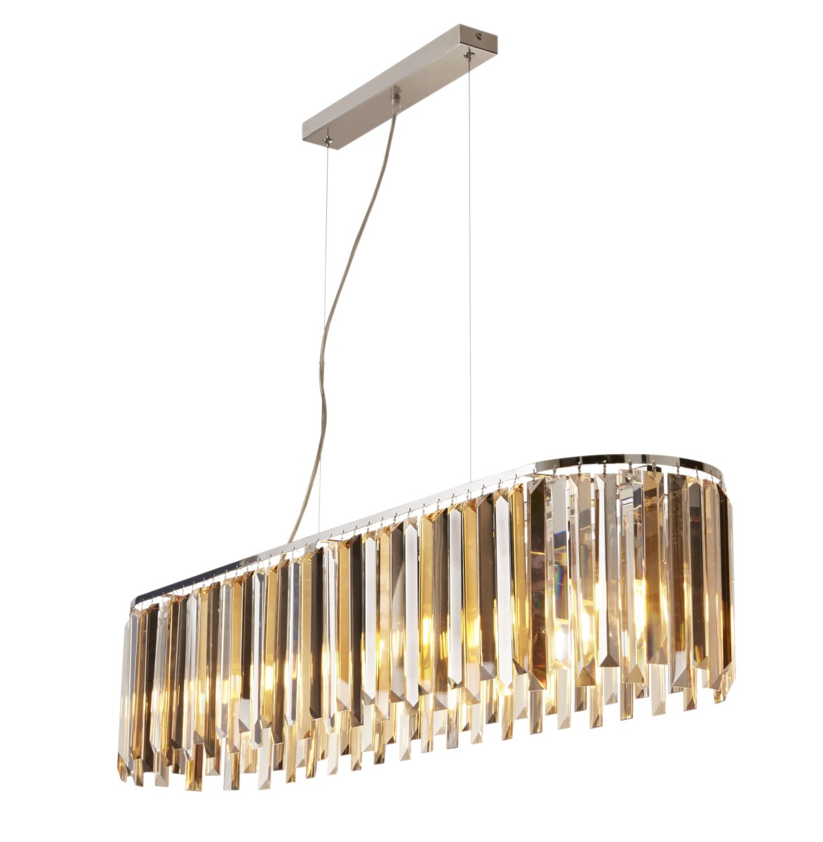 Clarissa 100cm Krom Taklampe Fra Searchlight - En blanding av klare, ravfargede og røykfargede krystalldråper henger elegant over lysene og reflekterer lyset på en vakker måte.